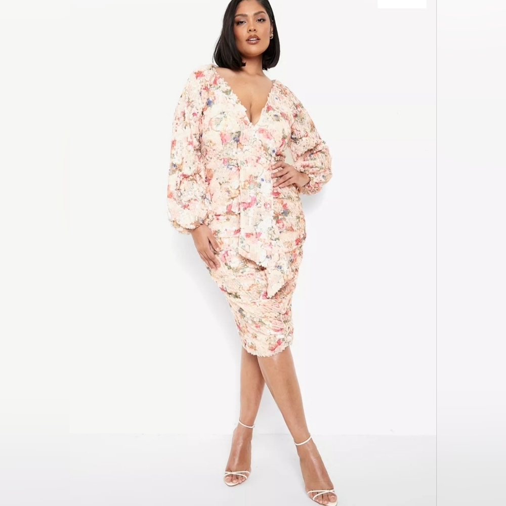 PLUS FLORAL SEQUIN PUFF SLEEVE MIDI DRESS